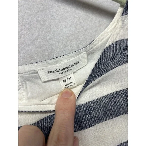 Beach Lunch Lounge Dress M Blue Striped Linen Sleeveless Beach Nautical Preppy - Picture 2 of 4